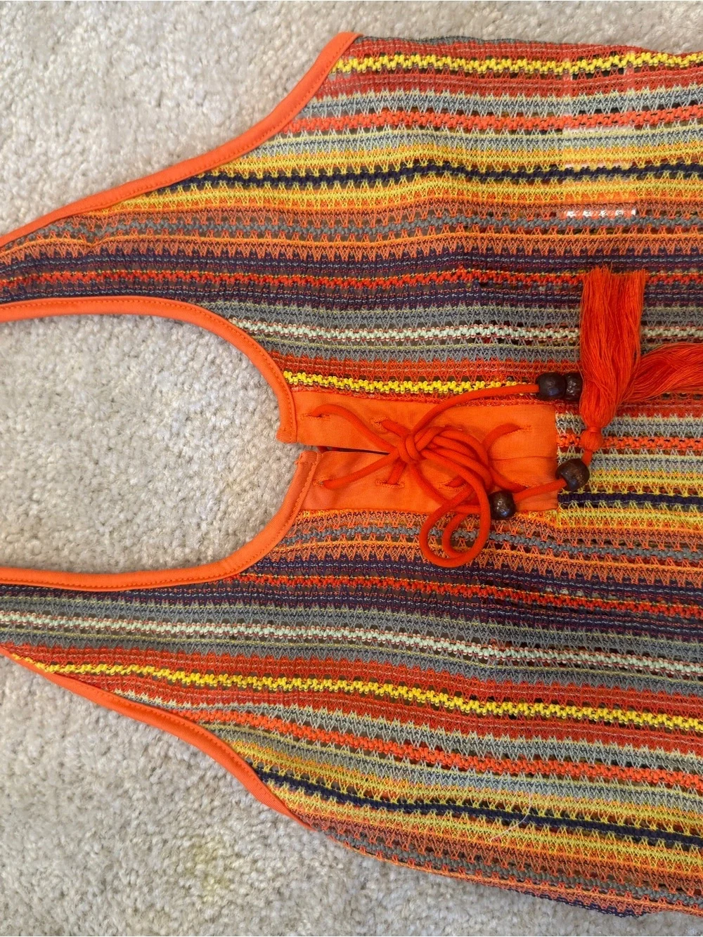 SHEIN Orange Multi-Stripe Crochet Lace-Up Halter Camisole Tie front with beads L - Picture 6 of 11
